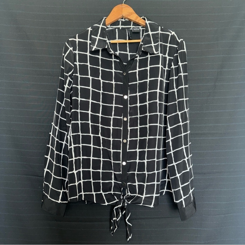 New Directions womens black white long sleeve button front collared shirt XL